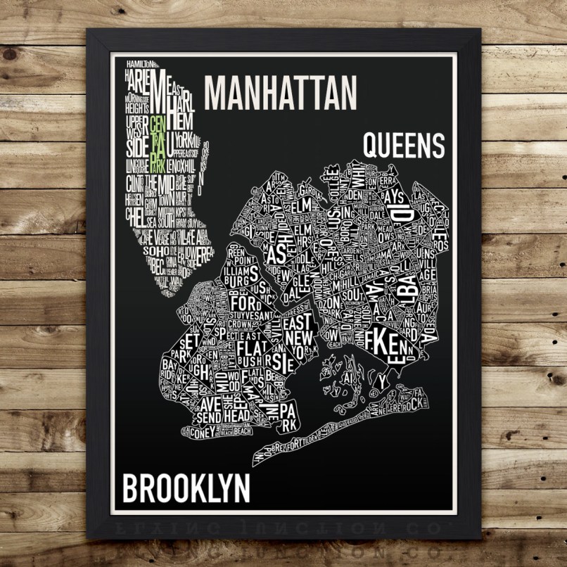 Typography Poster Graphic of NY Map Areas - Manhattan, Queens and Brooklyn