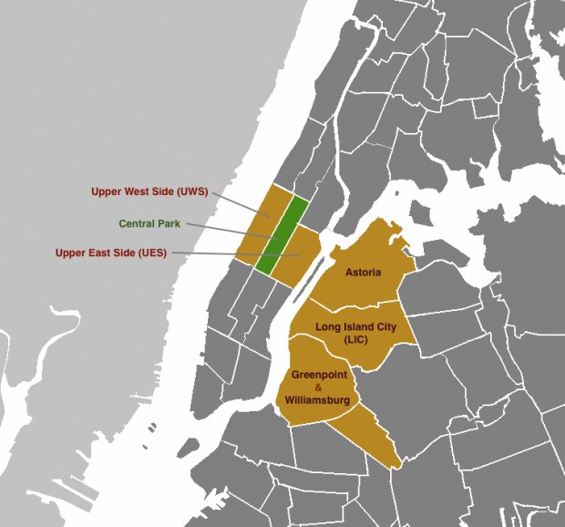 NY Map with Highlighted Areas of Service - Upper West Side, Central Park, Upper East Side, Astoria, Long Island City, Greenpoint & Williamsburg