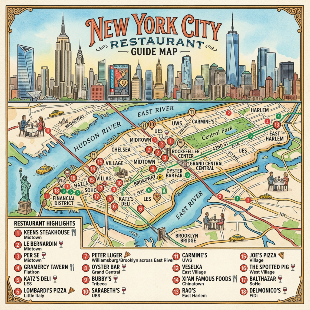 Map of New York City highlighting popular restaurant locations and neighborhoods