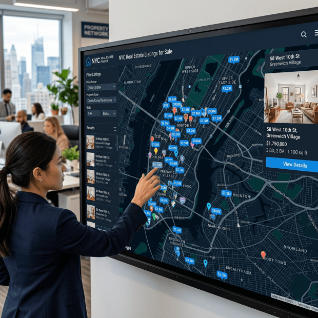 Woman interacting with a touchscreen map displaying New York City real estate listings and prices